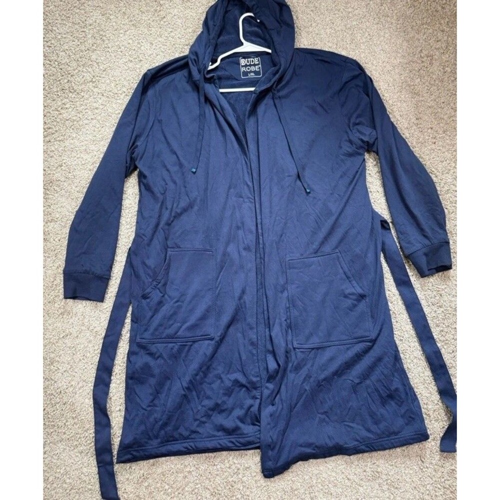 Dude Robe Dark Navy Blue Hooded Pocket Front Thick Tie Robe Men Size L/XL